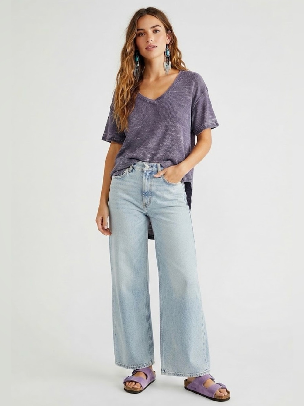 We The Free FP Thermal V-Neck High Low Acid Wash Tee XS